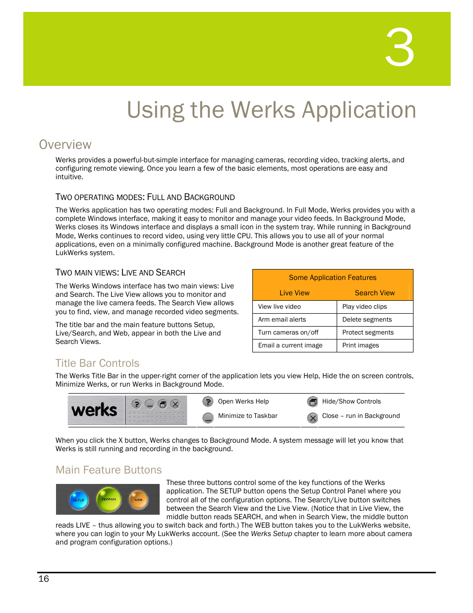 Using the werks application, Overview, Title bar controls | Main feature buttons, Sing the, Erks, Pplication | WiLife DVS-110I User Manual | Page 24 / 94