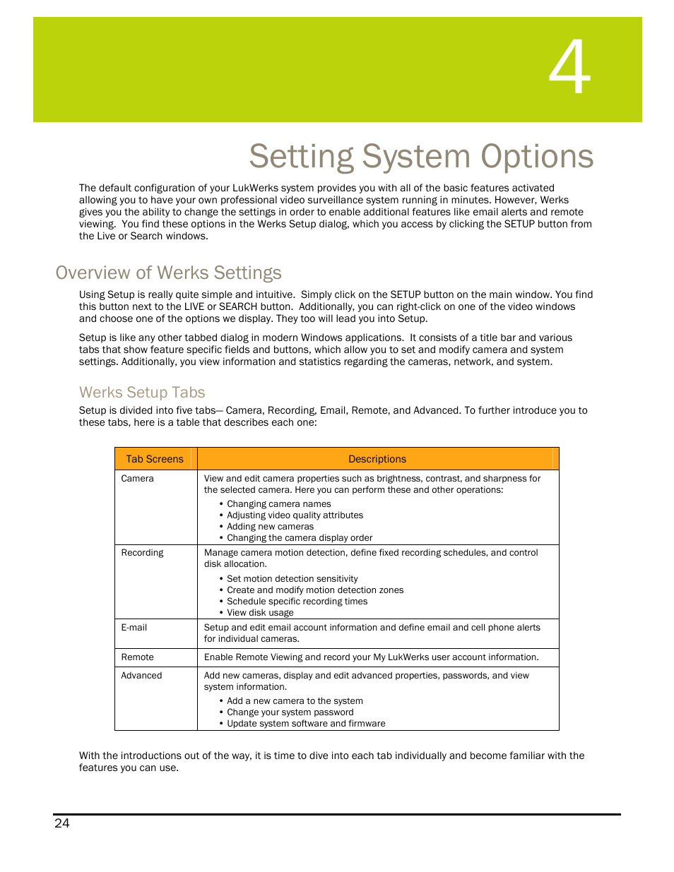 Setting system options, Overview of werks settings, Werks setup tabs | Etting, Ystem, Ptions | WiLife DVS-110I User Manual | Page 32 / 94