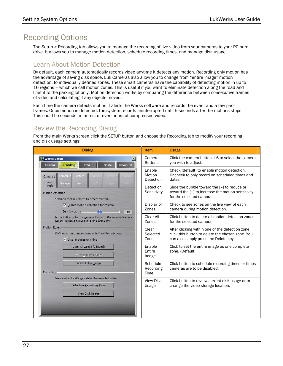Recording options, Learn about motion detection, Review the recording dialog | WiLife DVS-110I User Manual | Page 35 / 94