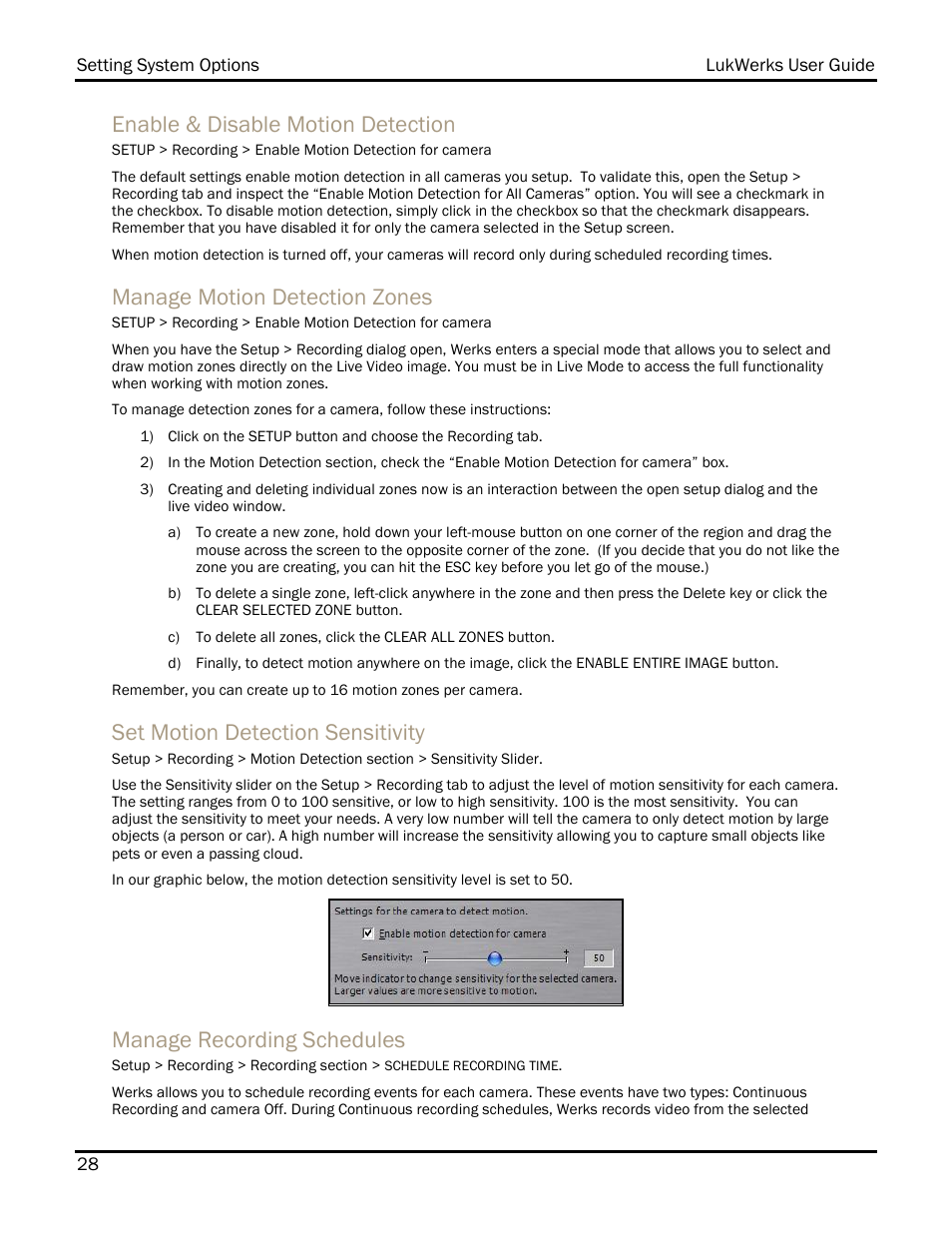 Enable & disable motion detection, Manage motion detection zones, Set motion detection sensitivity | Manage recording schedules | WiLife DVS-110I User Manual | Page 36 / 94