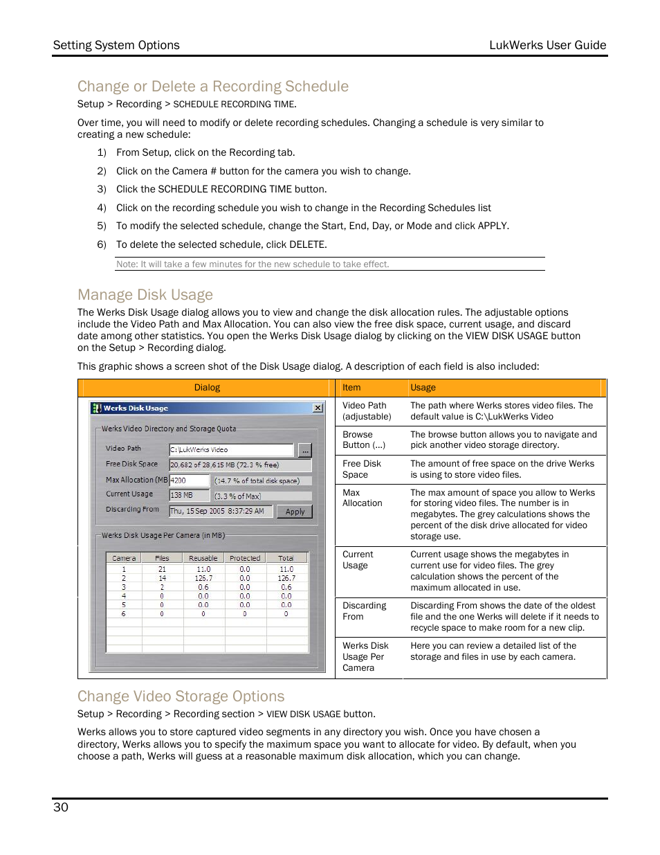 Change or delete a recording schedule, Manage disk usage, Change video storage options | WiLife DVS-110I User Manual | Page 38 / 94