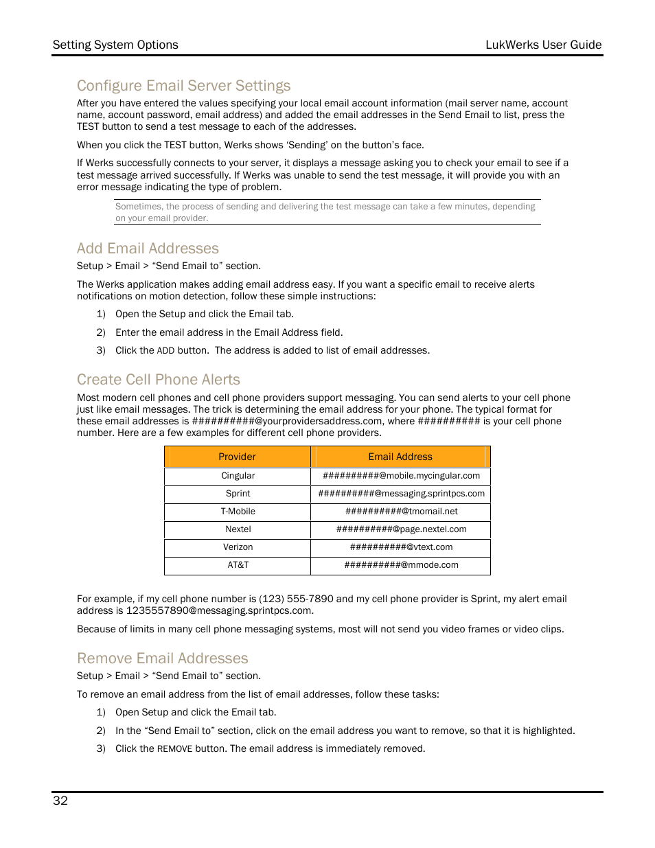Configure email server settings, Add email addresses, Create cell phone alerts | Remove email addresses | WiLife DVS-110I User Manual | Page 40 / 94