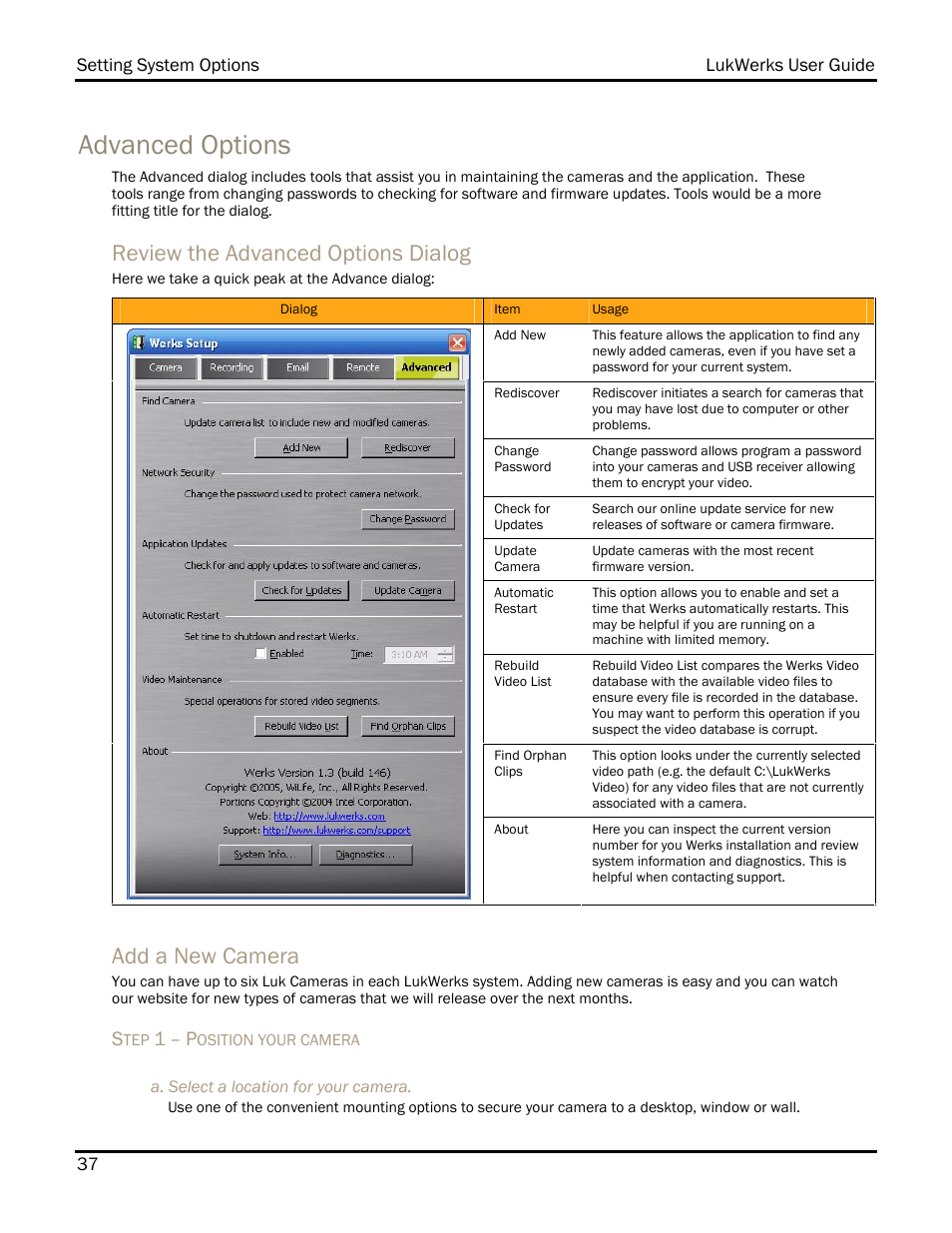 Advanced options, Review the advanced options dialog, Add a new camera | WiLife DVS-110I User Manual | Page 45 / 94