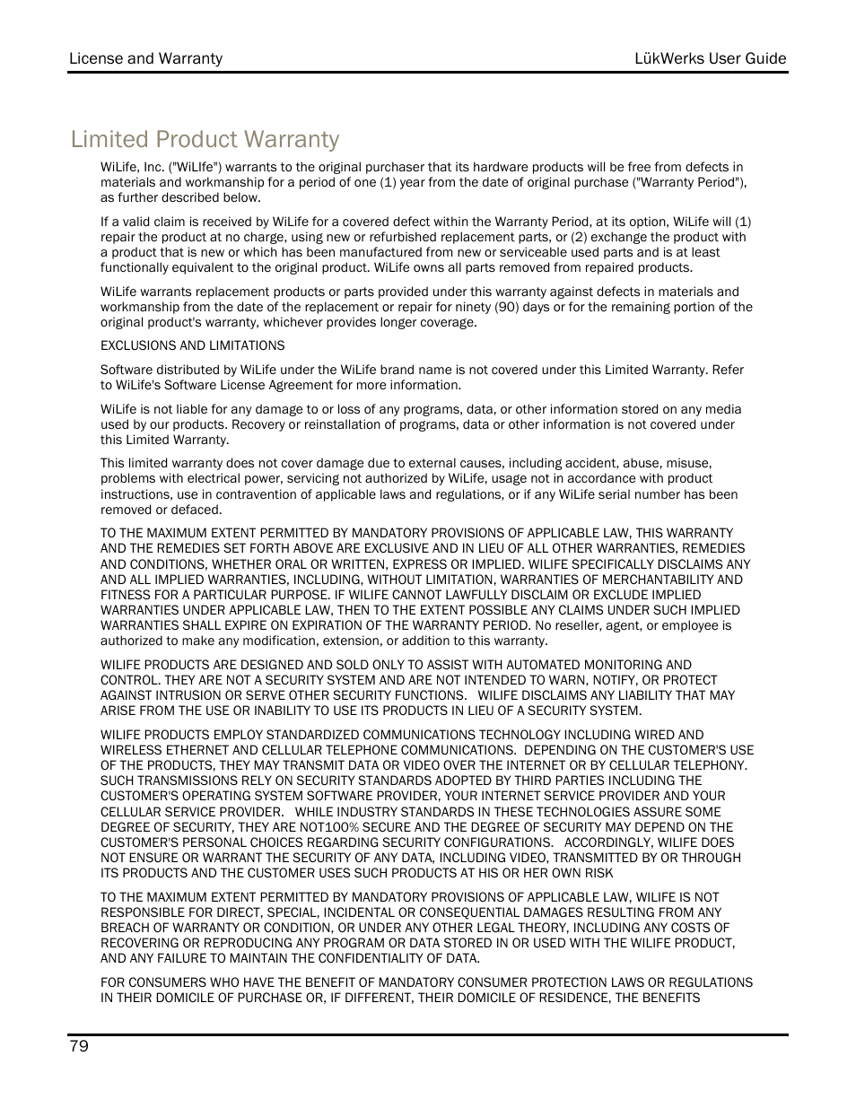 Limited product warranty | WiLife DVS-110I User Manual | Page 87 / 94