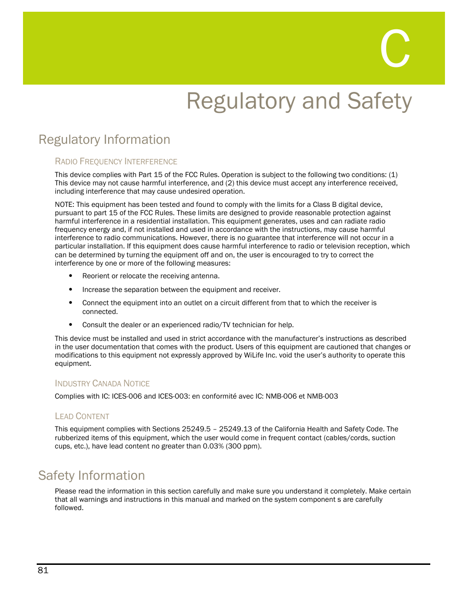 Regulatory and safety, Regulatory information, Safety information | Egulatory and, Afety | WiLife DVS-110I User Manual | Page 89 / 94