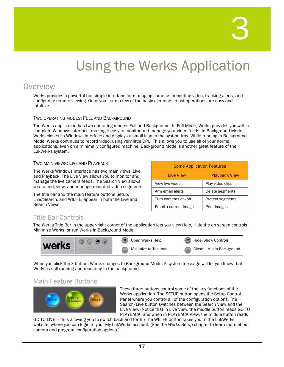 Using the werks application, Overview, Title bar controls | Main feature buttons, Sing the, Erks, Pplication | WiLife V 1.5 User Manual | Page 23 / 102