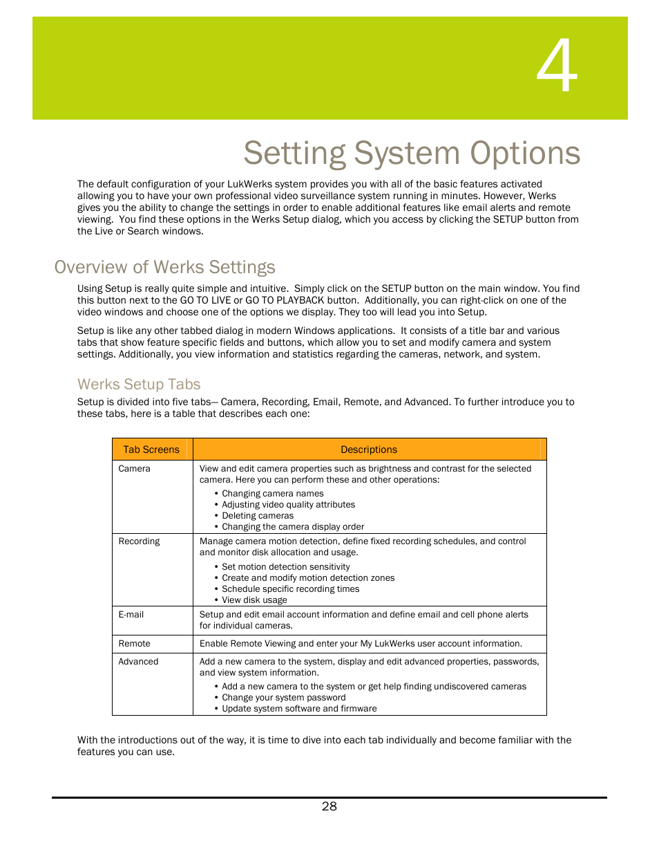 Setting system options, Overview of werks settings, Werks setup tabs | Etting, Ystem, Ptions | WiLife V 1.5 User Manual | Page 34 / 102