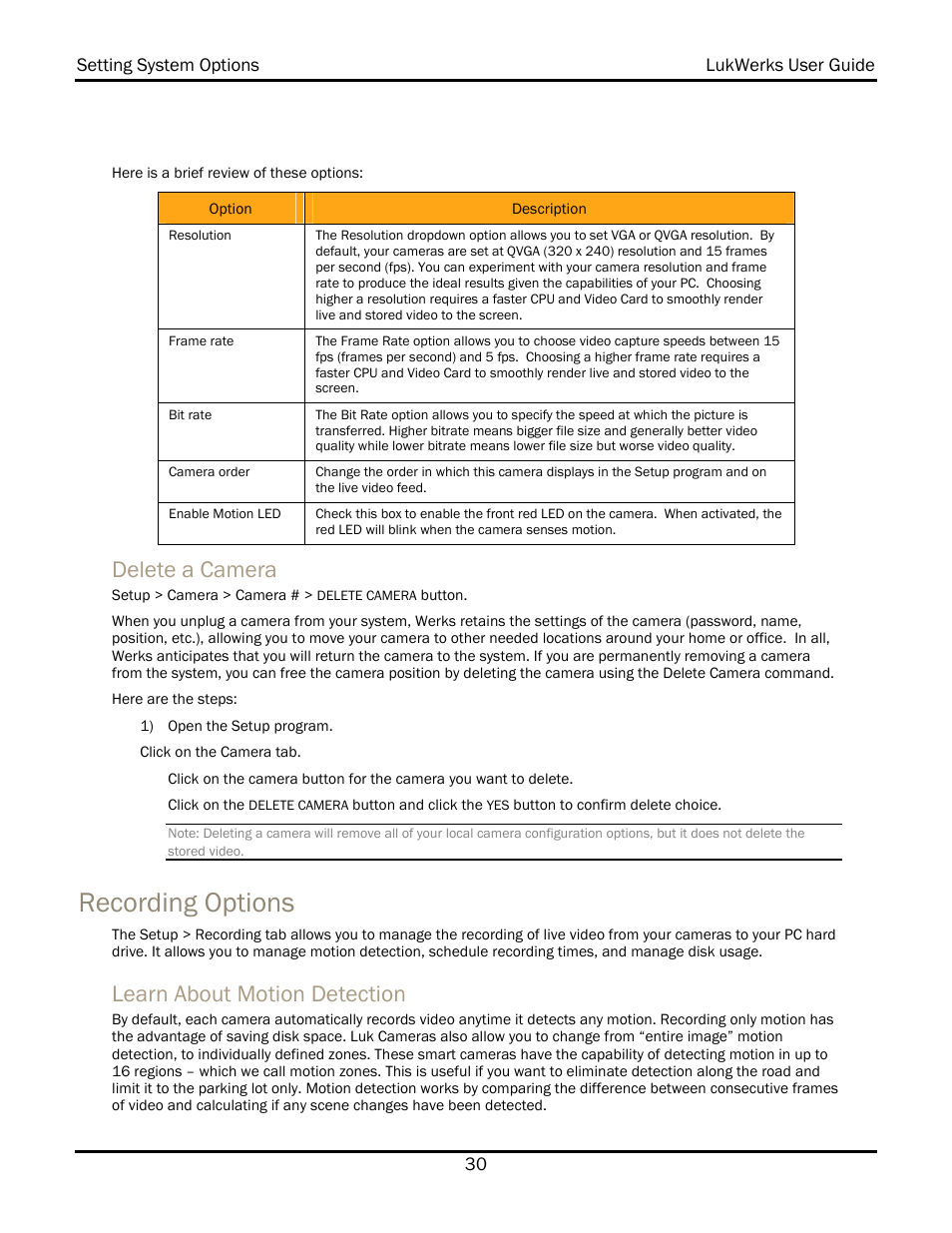 Delete a camera, Recording options, Learn about motion detection | WiLife V 1.5 User Manual | Page 36 / 102