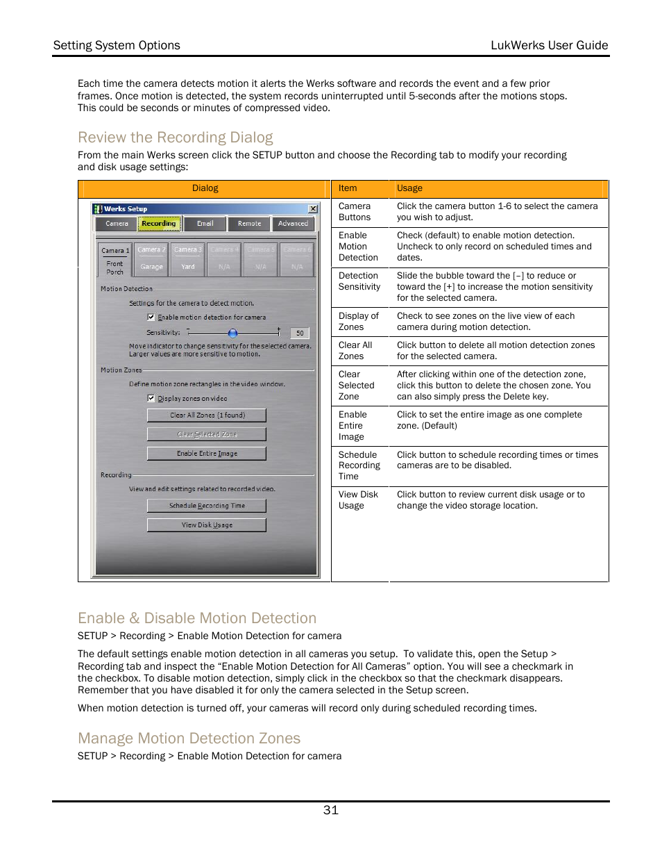 Review the recording dialog, Enable & disable motion detection, Manage motion detection zones | WiLife V 1.5 User Manual | Page 37 / 102