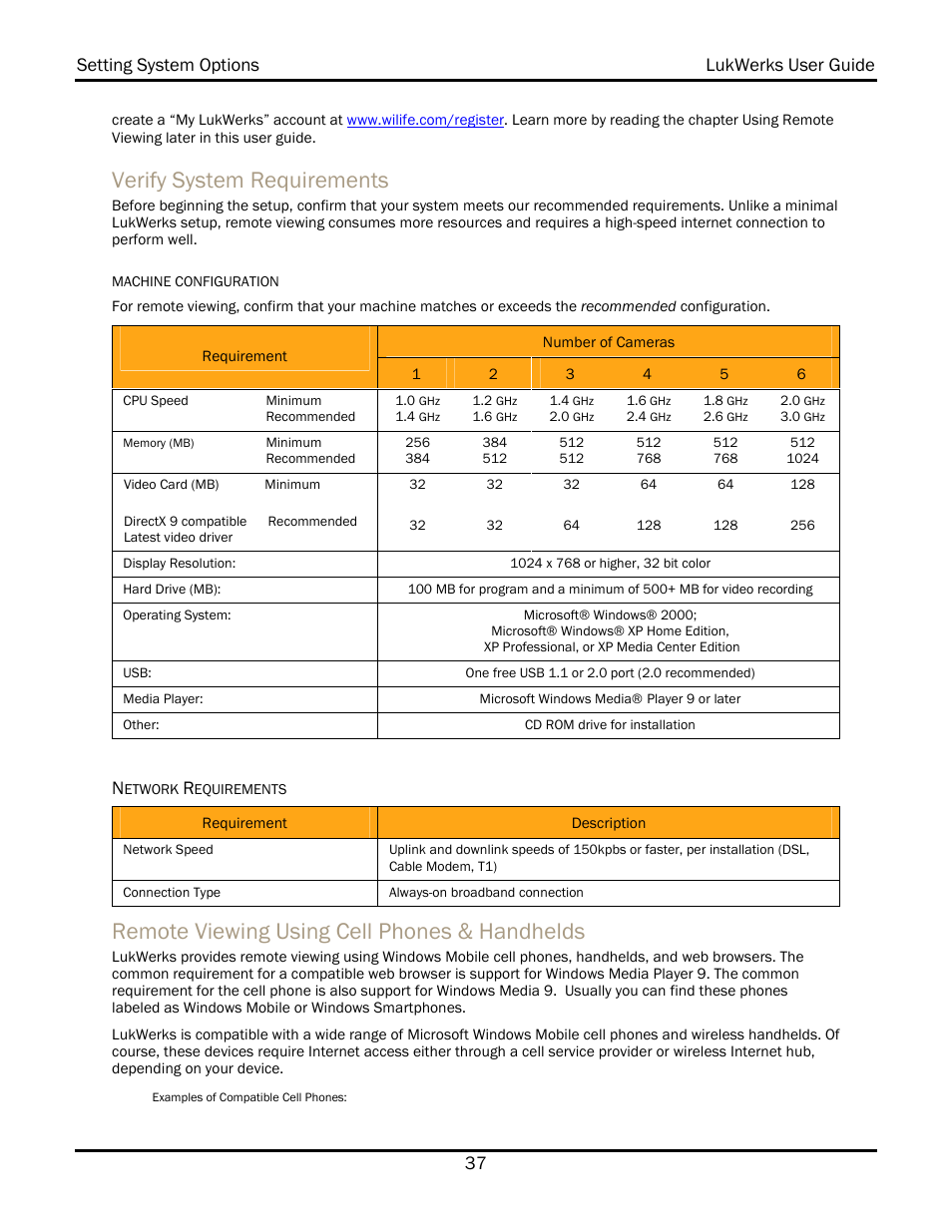 Verify system requirements, Remote viewing using cell phones & handhelds, Setting system options lukwerks user guide 37 | WiLife V 1.5 User Manual | Page 43 / 102