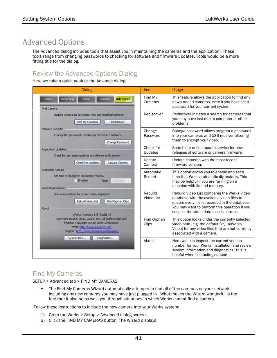 Advanced options, Review the advanced options dialog, Find my cameras | WiLife V 1.5 User Manual | Page 47 / 102