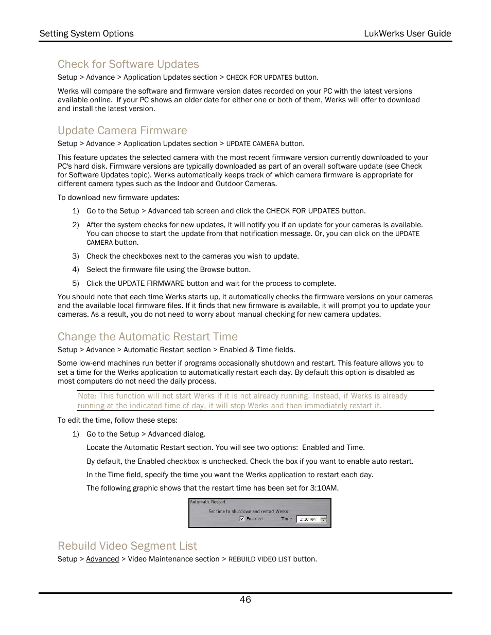 Check for software updates, Update camera firmware, Change the automatic restart time | Rebuild video segment list | WiLife V 1.5 User Manual | Page 52 / 102