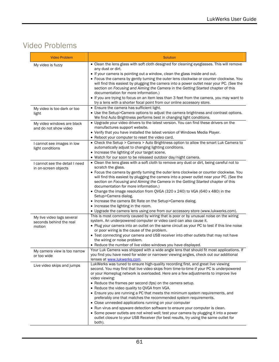 Video problems, Lukwerks user guide 61 | WiLife V 1.5 User Manual | Page 67 / 102