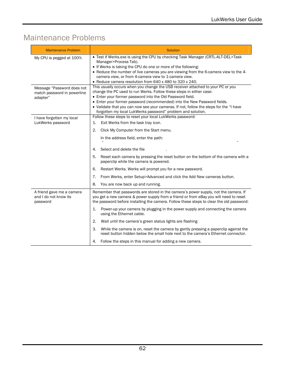 Maintenance problems, Lukwerks user guide 62 | WiLife V 1.5 User Manual | Page 68 / 102