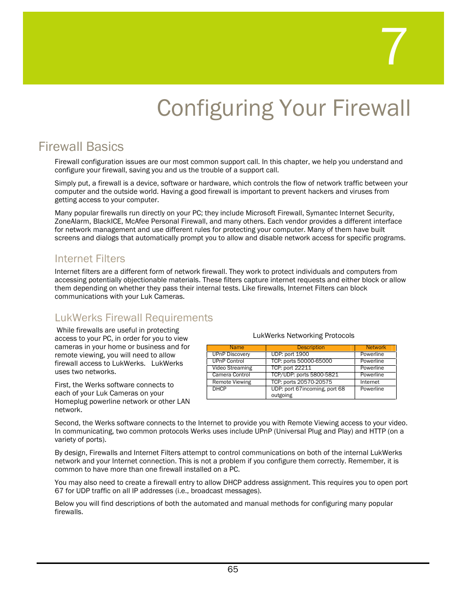 Configuring your firewall, Firewall basics, Internet filters | Lukwerks firewall requirements, Onfiguring, Irewall | WiLife V 1.5 User Manual | Page 71 / 102