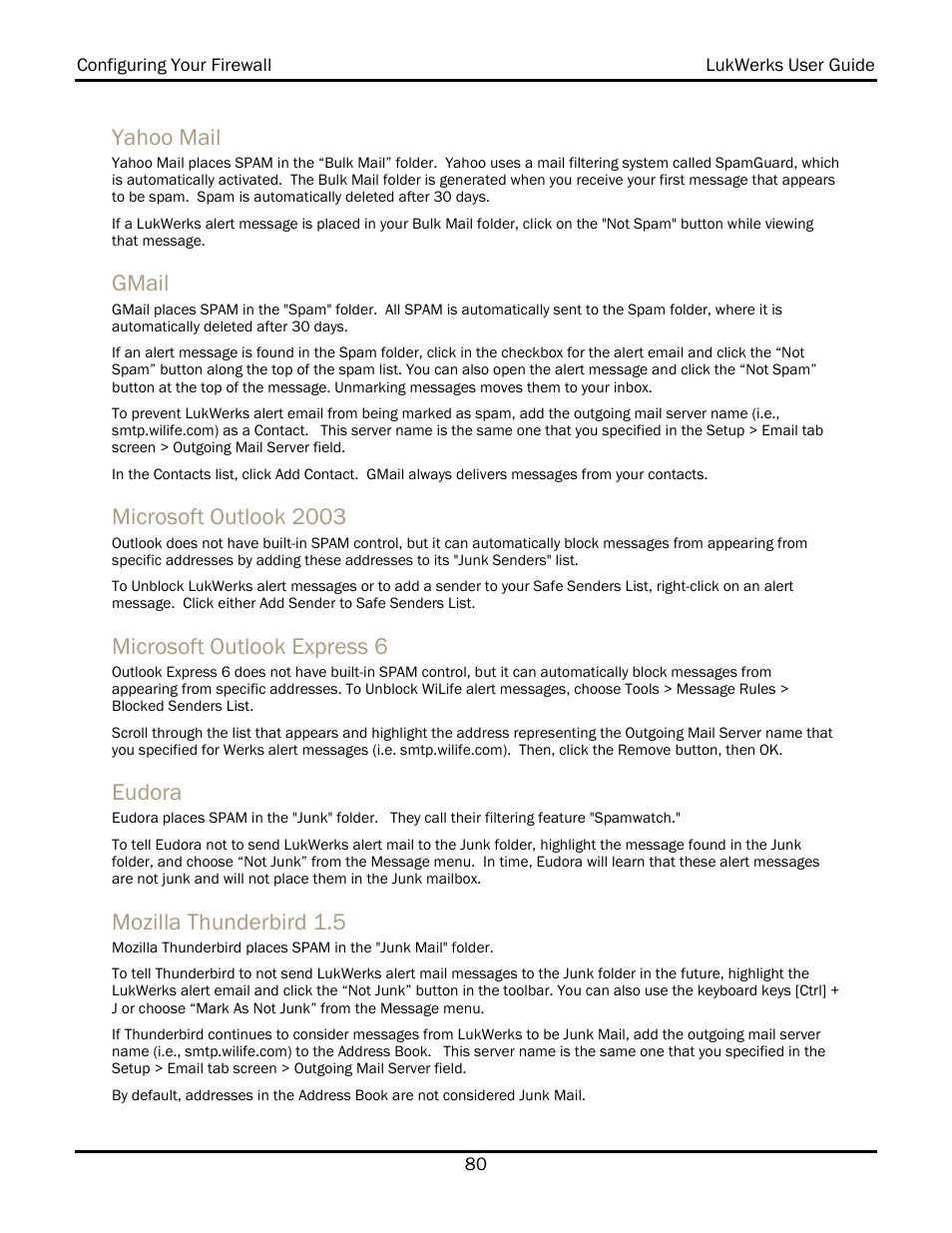 Yahoo mail, Gmail, Microsoft outlook 2003 | Microsoft outlook express 6, Eudora, Mozilla thunderbird 1.5 | WiLife V 1.5 User Manual | Page 86 / 102