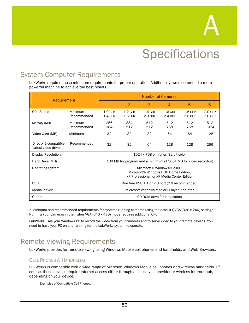 Specifications, System computer requirements, Remote viewing requirements | Pecifications | WiLife V 1.5 User Manual | Page 88 / 102