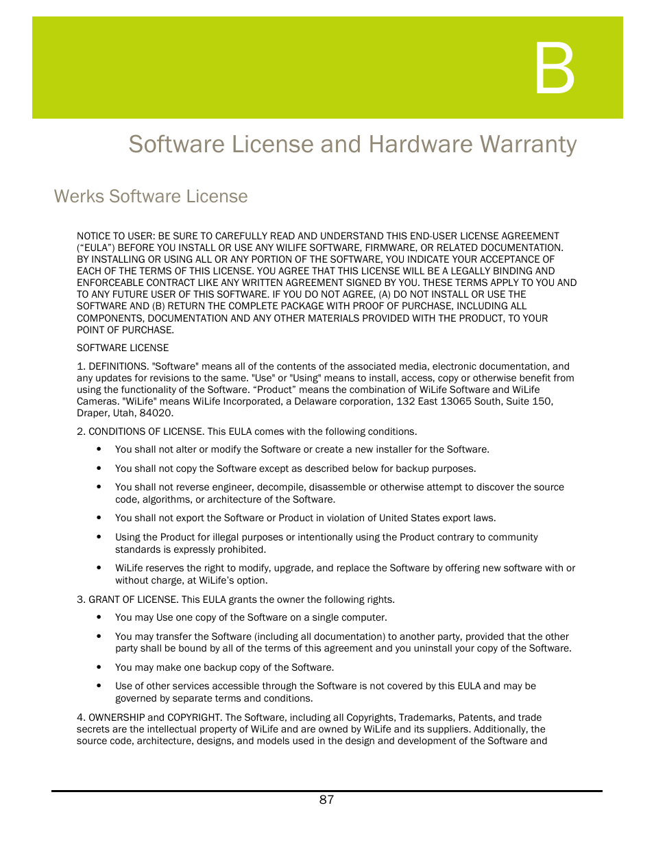 Software license and hardware warranty, Werks software license, Oftware | Icense and, Ardware, Arranty | WiLife V 1.5 User Manual | Page 93 / 102