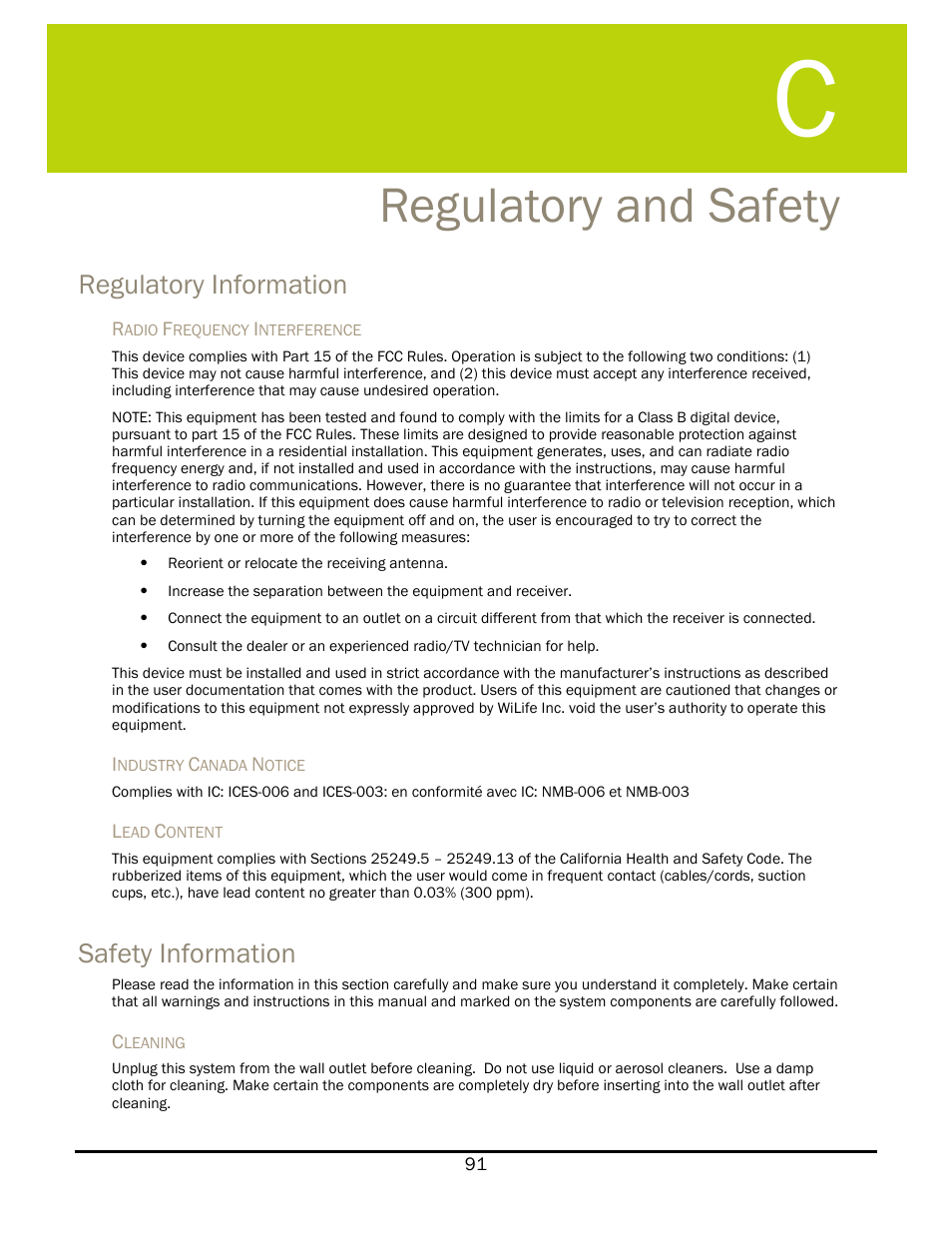 Regulatory and safety, Regulatory information, Safety information | Egulatory and, Afety | WiLife V 1.5 User Manual | Page 97 / 102