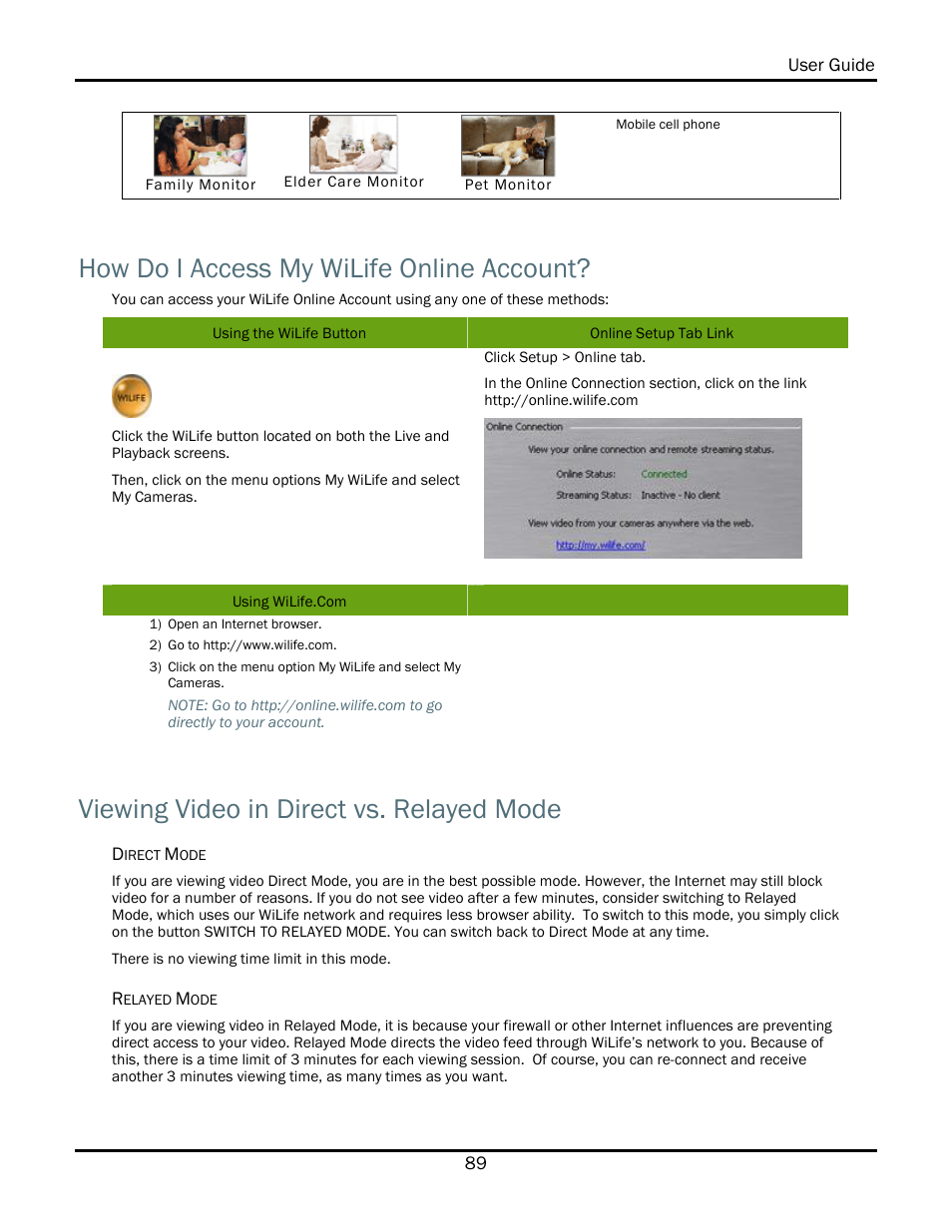 How do i access my wilife online account, Viewing video in direct vs. relayed mode | WiLife V2.1 User Manual | Page 102 / 165