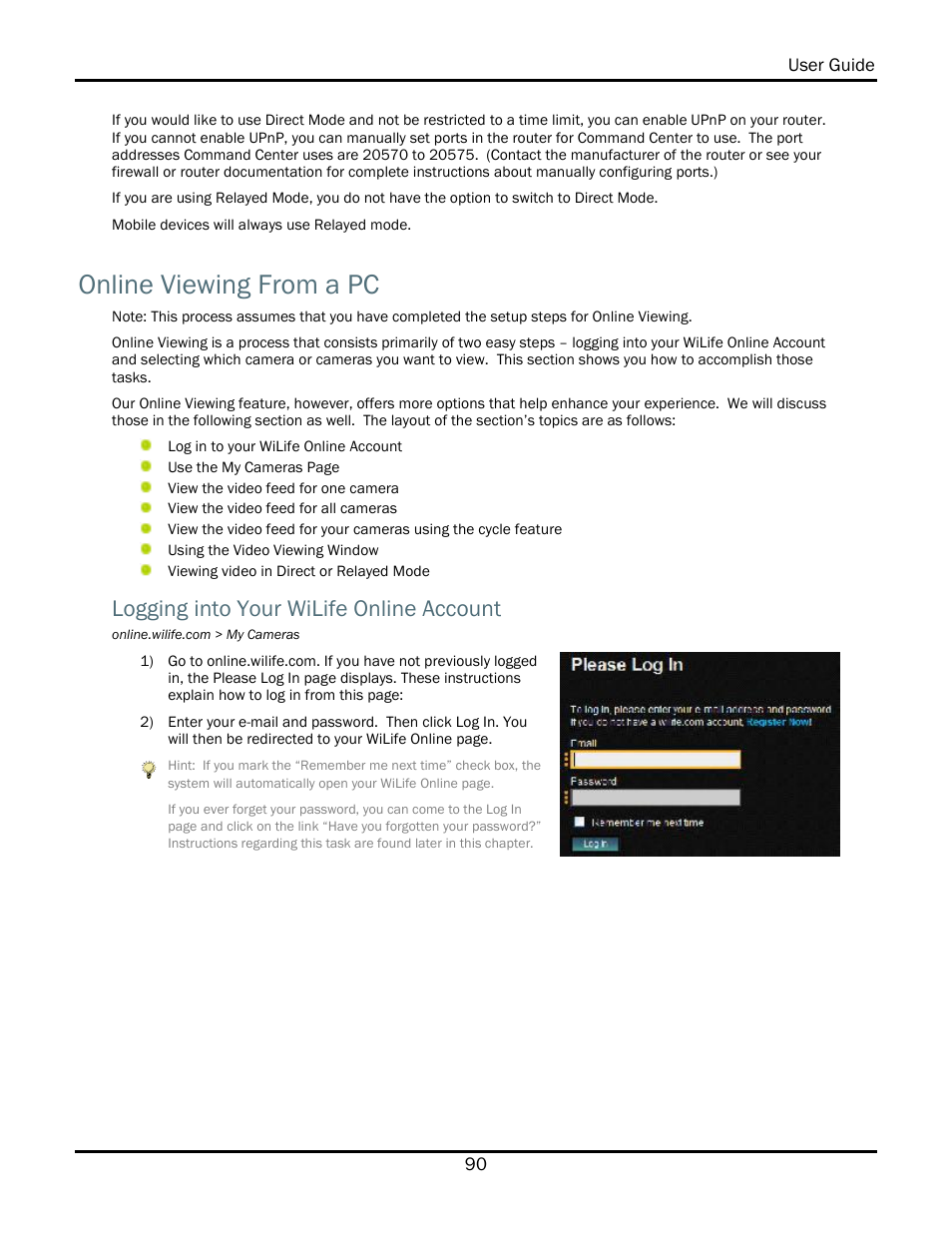 Online viewing from a pc, Logging into your wilife online account | WiLife V2.1 User Manual | Page 103 / 165