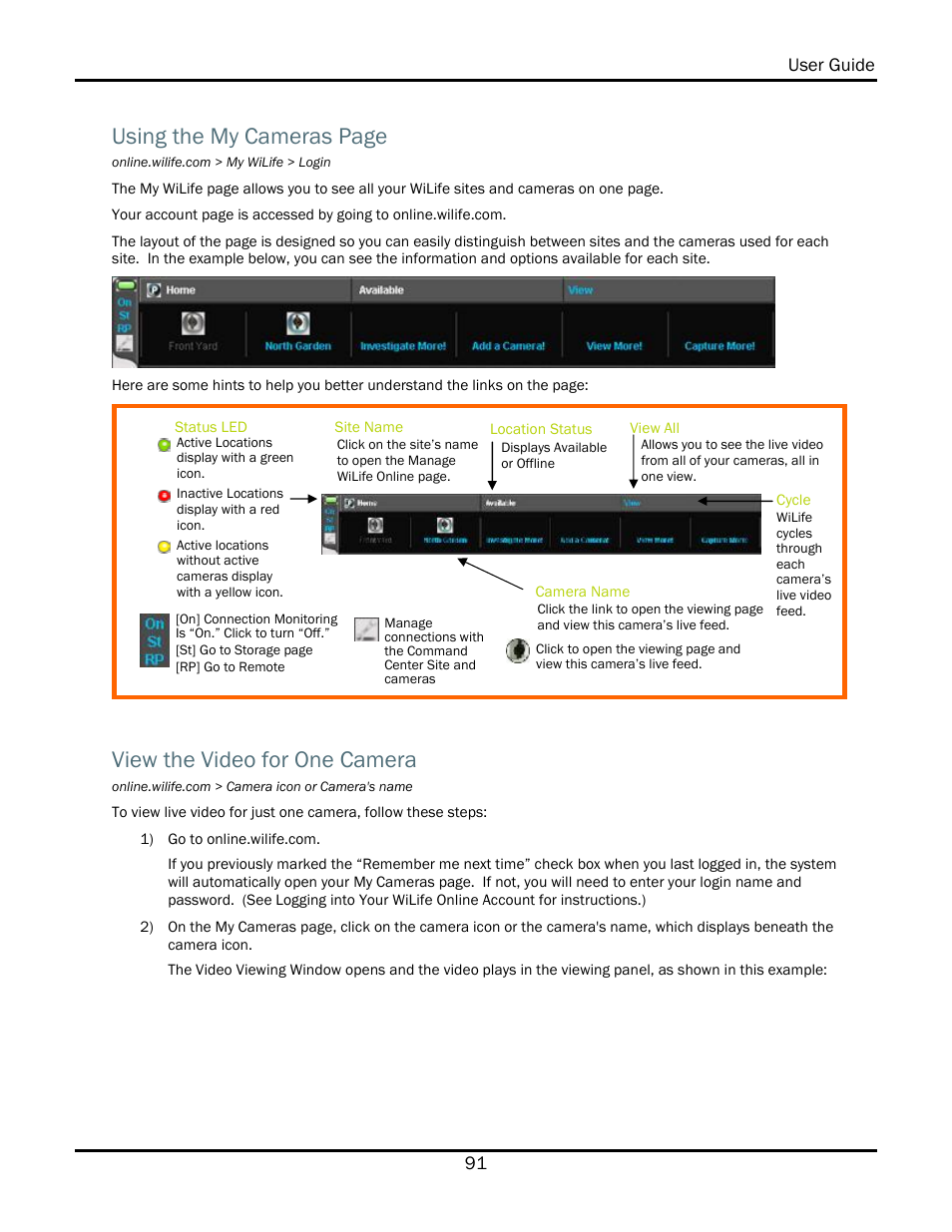 View the video for one camera, Using the my cameras page | WiLife V2.1 User Manual | Page 104 / 165