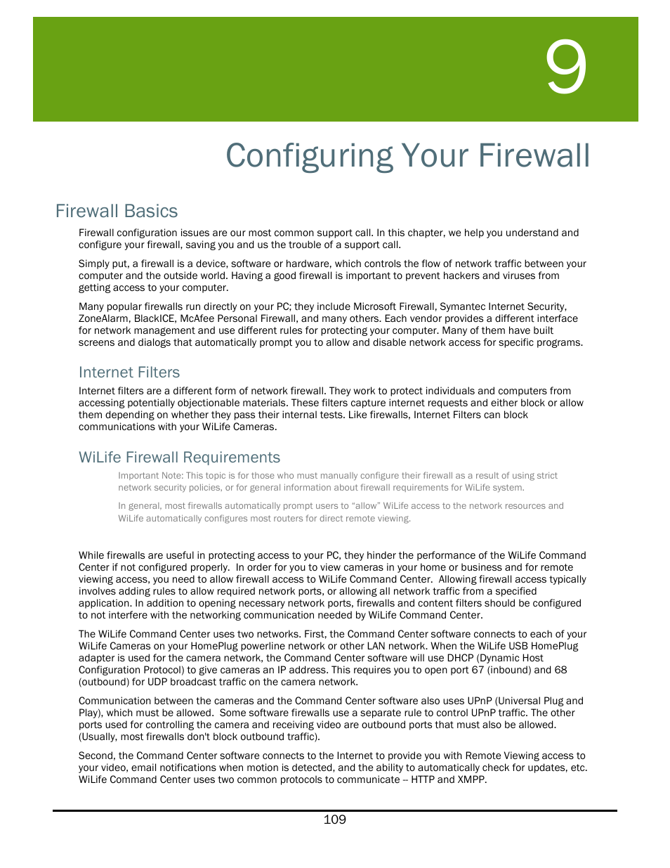 Configuring your firewall, Firewall basics, Internet filters | Wilife firewall requirements, Onfiguring, Irewall | WiLife V2.1 User Manual | Page 122 / 165