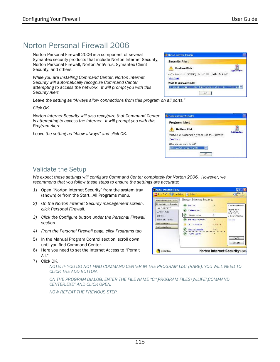 Norton personal firewall 2006, Validate the setup | WiLife V2.1 User Manual | Page 128 / 165