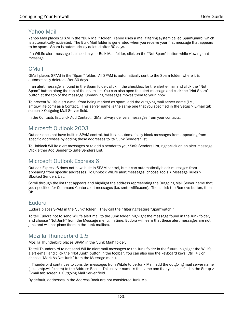 Yahoo mail, Gmail, Microsoft outlook 2003 | Microsoft outlook express 6, Eudora, Mozilla thunderbird 1.5 | WiLife V2.1 User Manual | Page 148 / 165