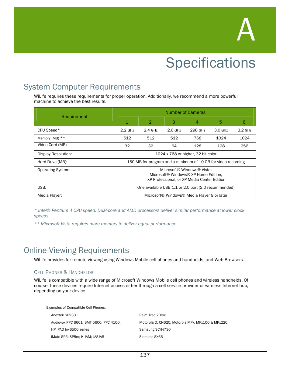 Specifications, System computer requirements, Online viewing requirements | Pecifications | WiLife V2.1 User Manual | Page 150 / 165