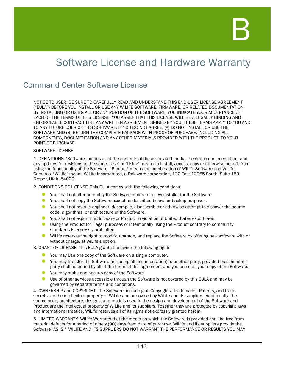 Software license and hardware warranty, Command center software license, Oftware | Icense and, Ardware, Arranty | WiLife V2.1 User Manual | Page 156 / 165