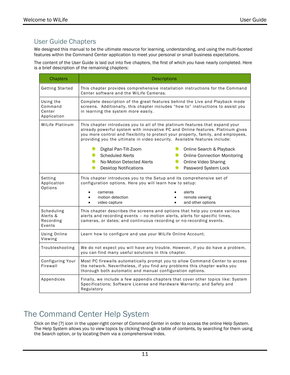 User guide chapters, The command center help system | WiLife V2.1 User Manual | Page 18 / 165