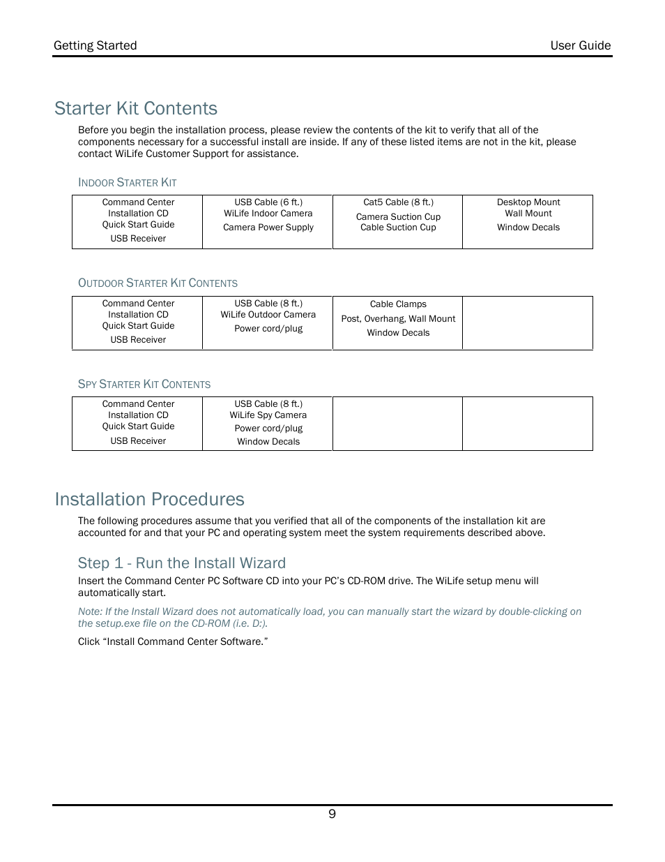 Starter kit contents, Installation procedures, Step 1 - run the install wizard | WiLife V2.1 User Manual | Page 22 / 165