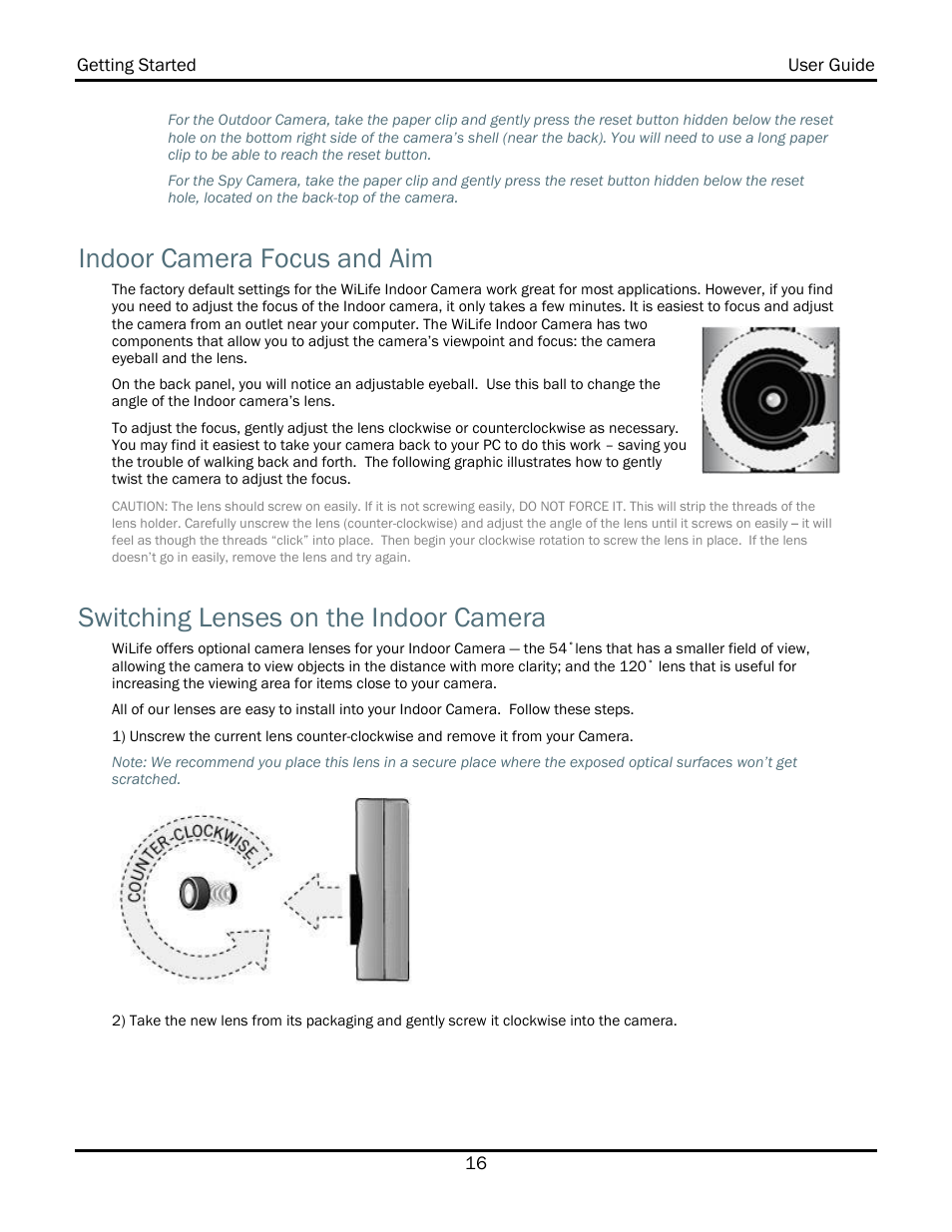 Indoor camera focus and aim, Switching lenses on the indoor camera | WiLife V2.1 User Manual | Page 29 / 165