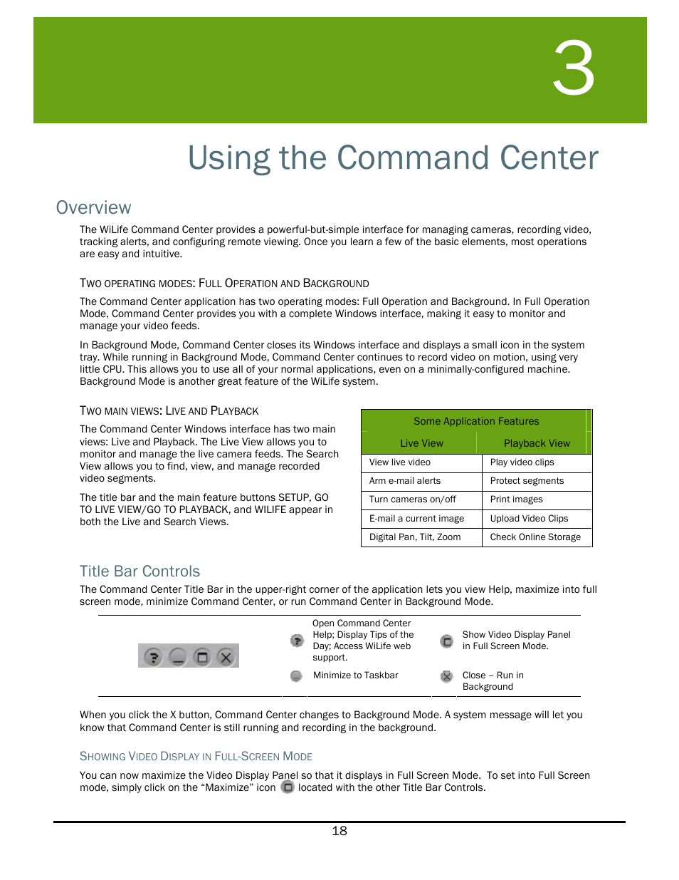 Using the command center, Overview, Title bar controls | Sing the, Ommand, Enter | WiLife V2.1 User Manual | Page 31 / 165