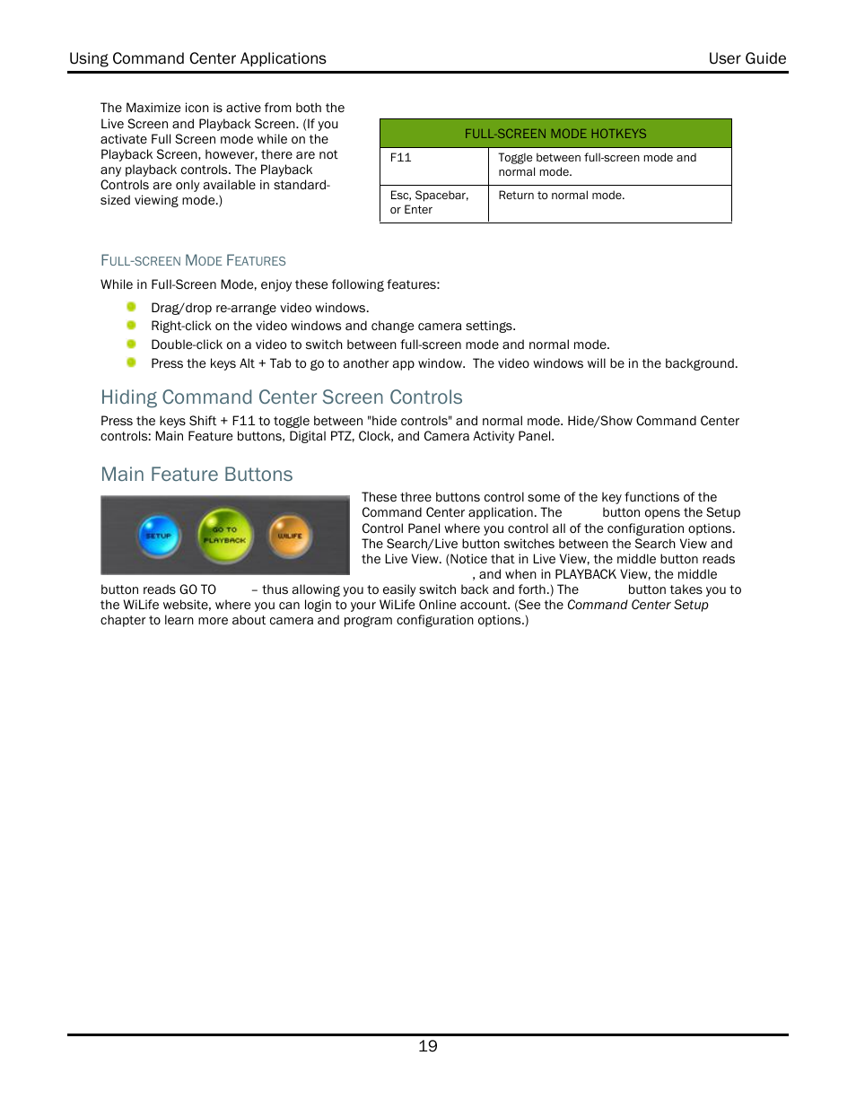 Hiding command center screen controls, Main feature buttons | WiLife V2.1 User Manual | Page 32 / 165