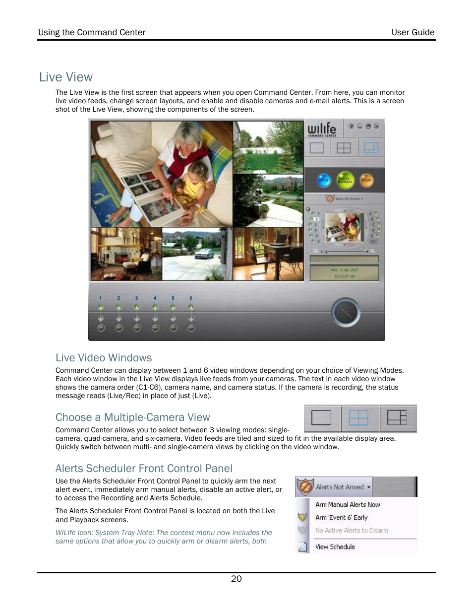 Live view, Live video windows, Choose a multiple-camera view | Alerts scheduler front control panel | WiLife V2.1 User Manual | Page 33 / 165