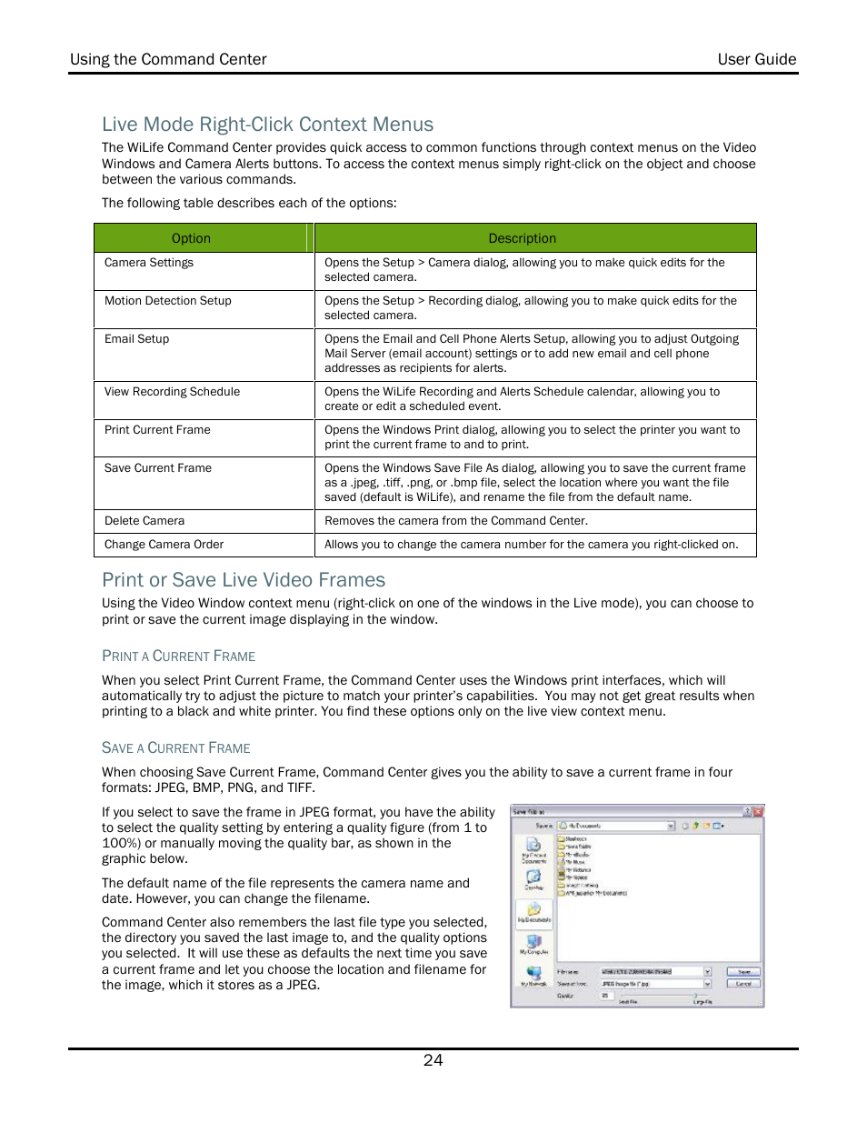 Live mode right-click context menus, Print or save live video frames | WiLife V2.1 User Manual | Page 37 / 165