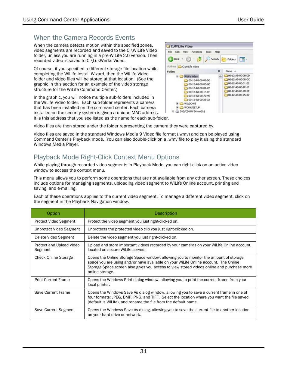 When the camera records events, Playback mode right-click context menu options | WiLife V2.1 User Manual | Page 44 / 165