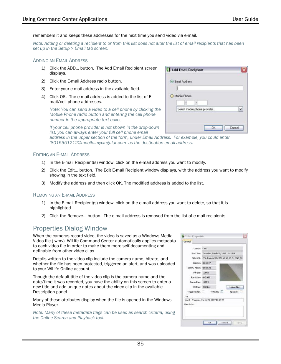 Properties dialog window | WiLife V2.1 User Manual | Page 48 / 165