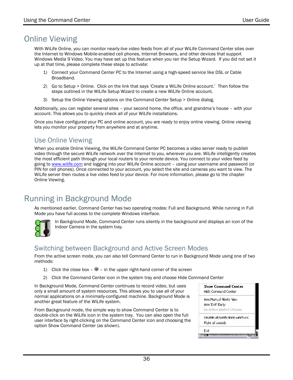 Online viewing, Use online viewing, Running in background mode | WiLife V2.1 User Manual | Page 49 / 165