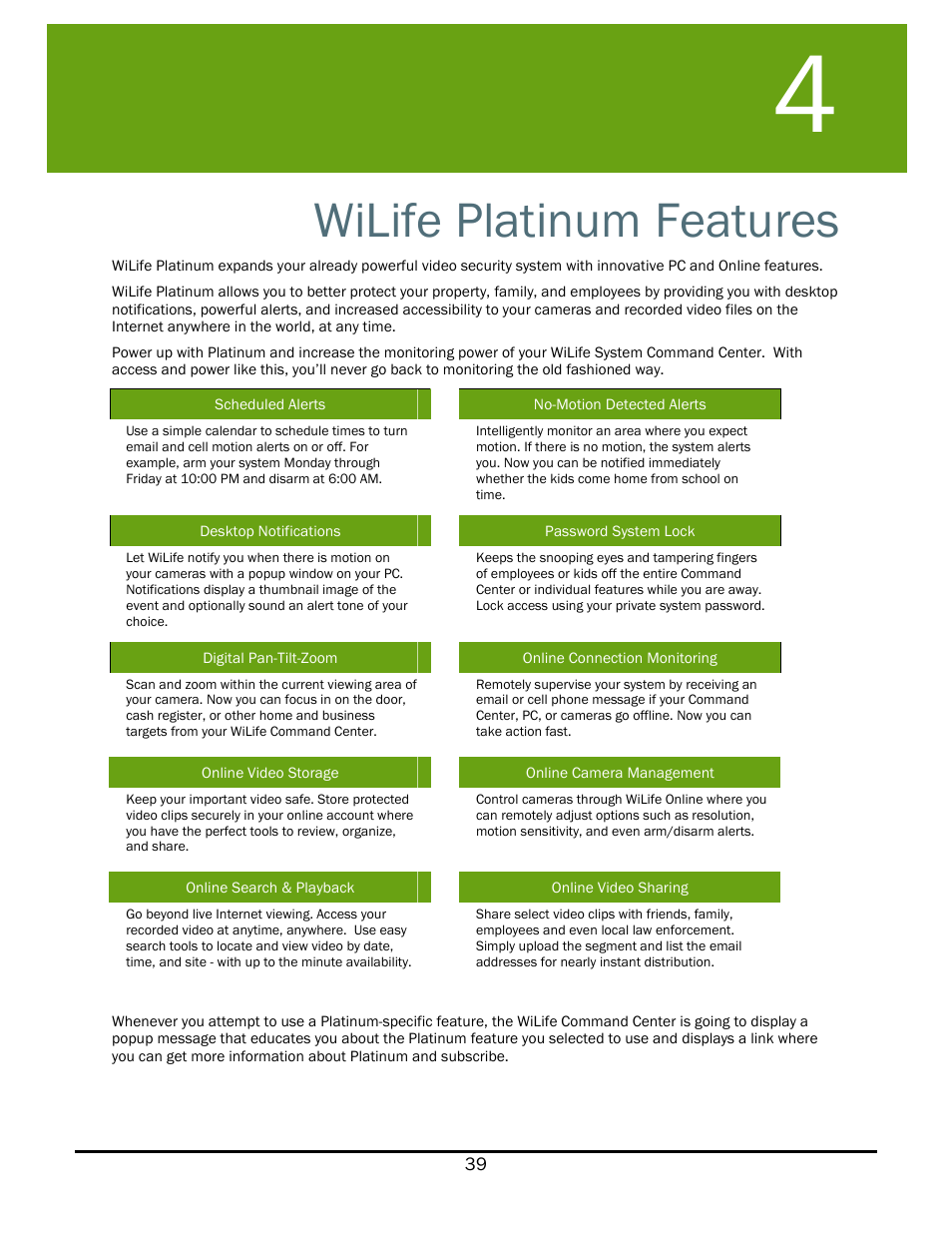 Wilife platinum features, Latinum, Eatures | WiLife V2.1 User Manual | Page 52 / 165