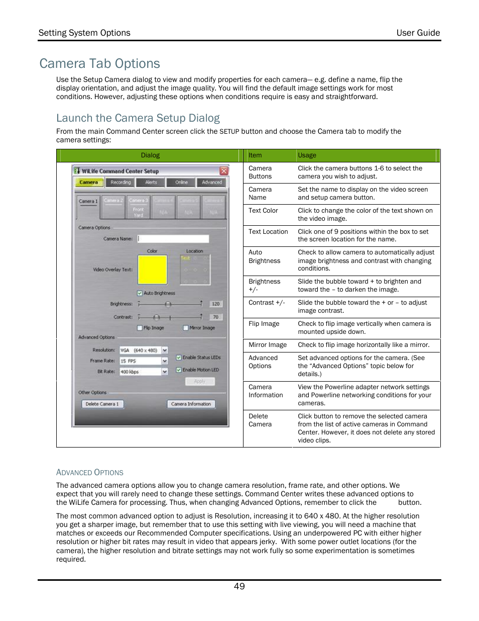 Camera tab options, Launch the camera setup dialog | WiLife V2.1 User Manual | Page 62 / 165