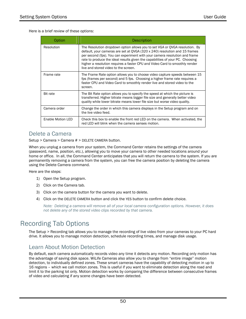 Delete a camera, Recording tab options, Learn about motion detection | WiLife V2.1 User Manual | Page 63 / 165