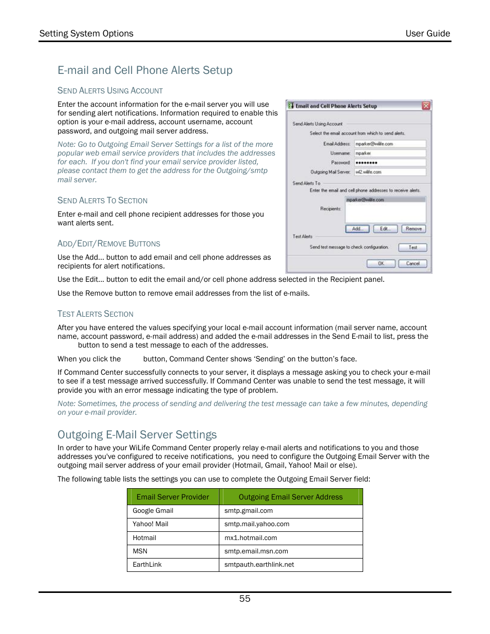 E-mail and cell phone alerts setup, Outgoing e-mail server settings | WiLife V2.1 User Manual | Page 68 / 165