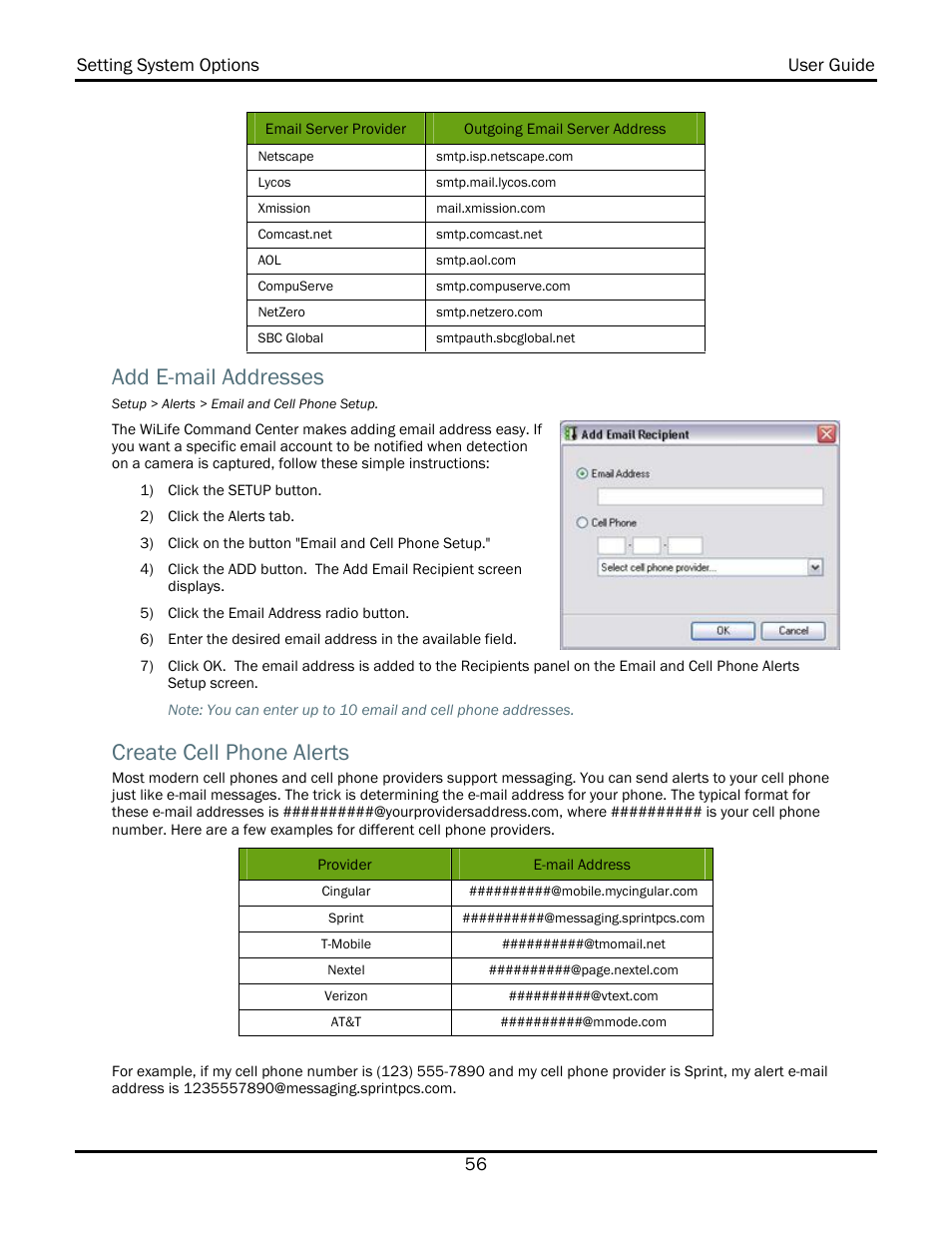 Add e-mail addresses, Create cell phone alerts | WiLife V2.1 User Manual | Page 69 / 165