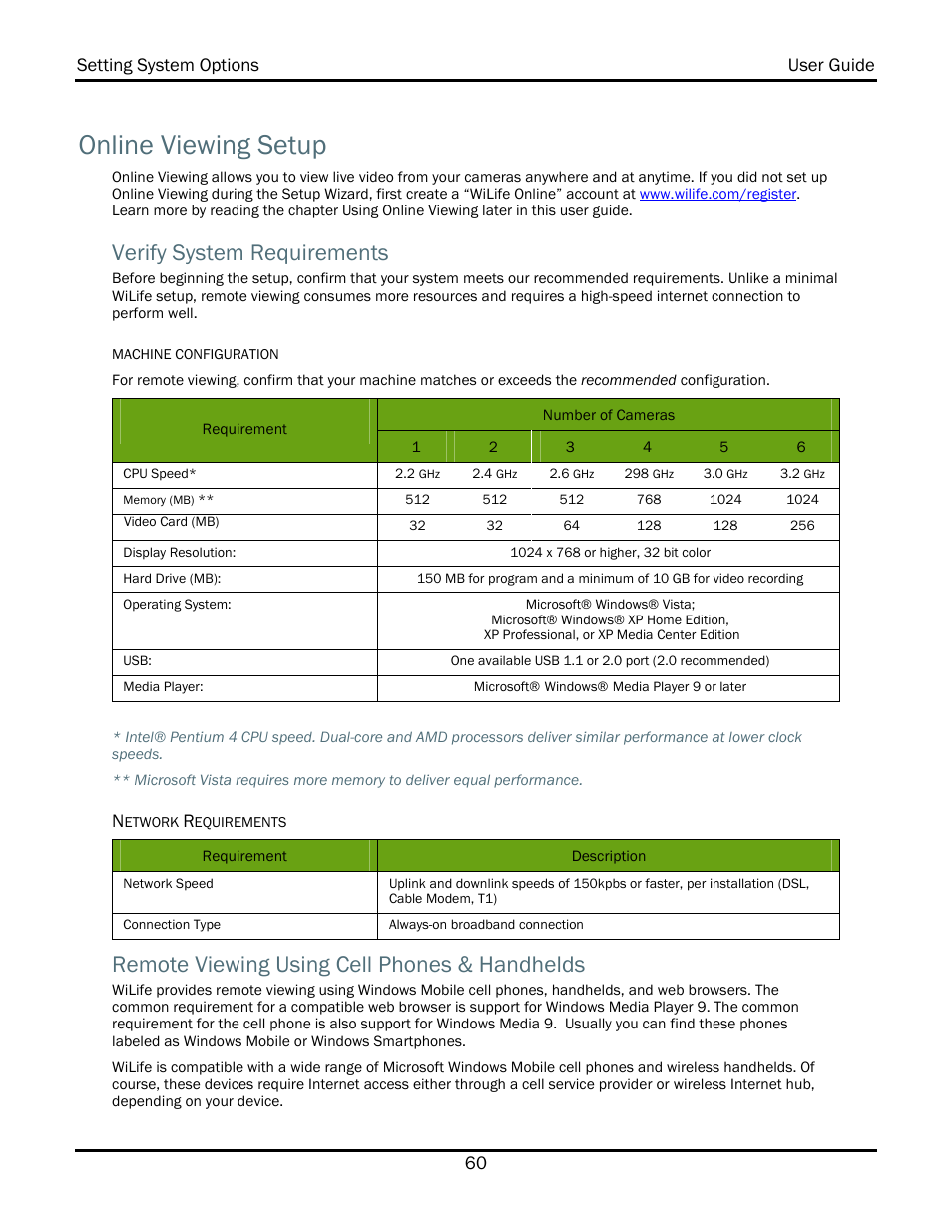 Online viewing setup, Verify system requirements, Remote viewing using cell phones & handhelds | WiLife V2.1 User Manual | Page 73 / 165
