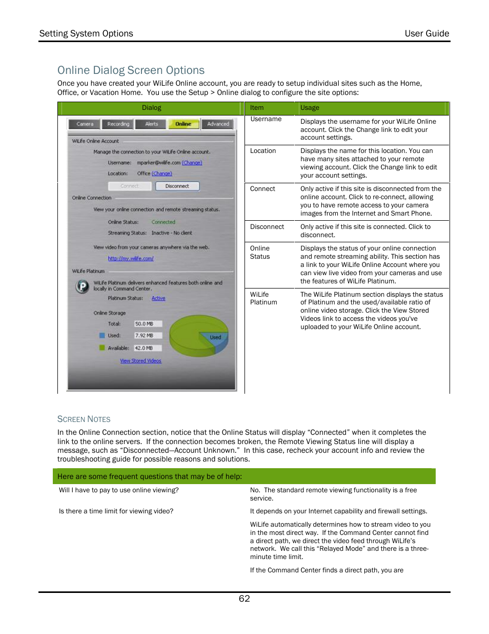 Online dialog screen options | WiLife V2.1 User Manual | Page 75 / 165