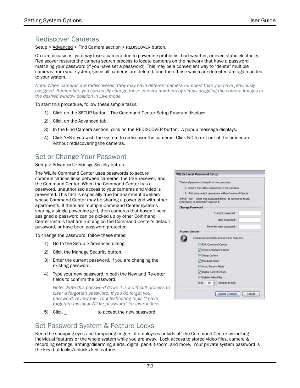 Rediscover cameras, Set or change your password, Set password system & feature locks | WiLife V2.1 User Manual | Page 85 / 165