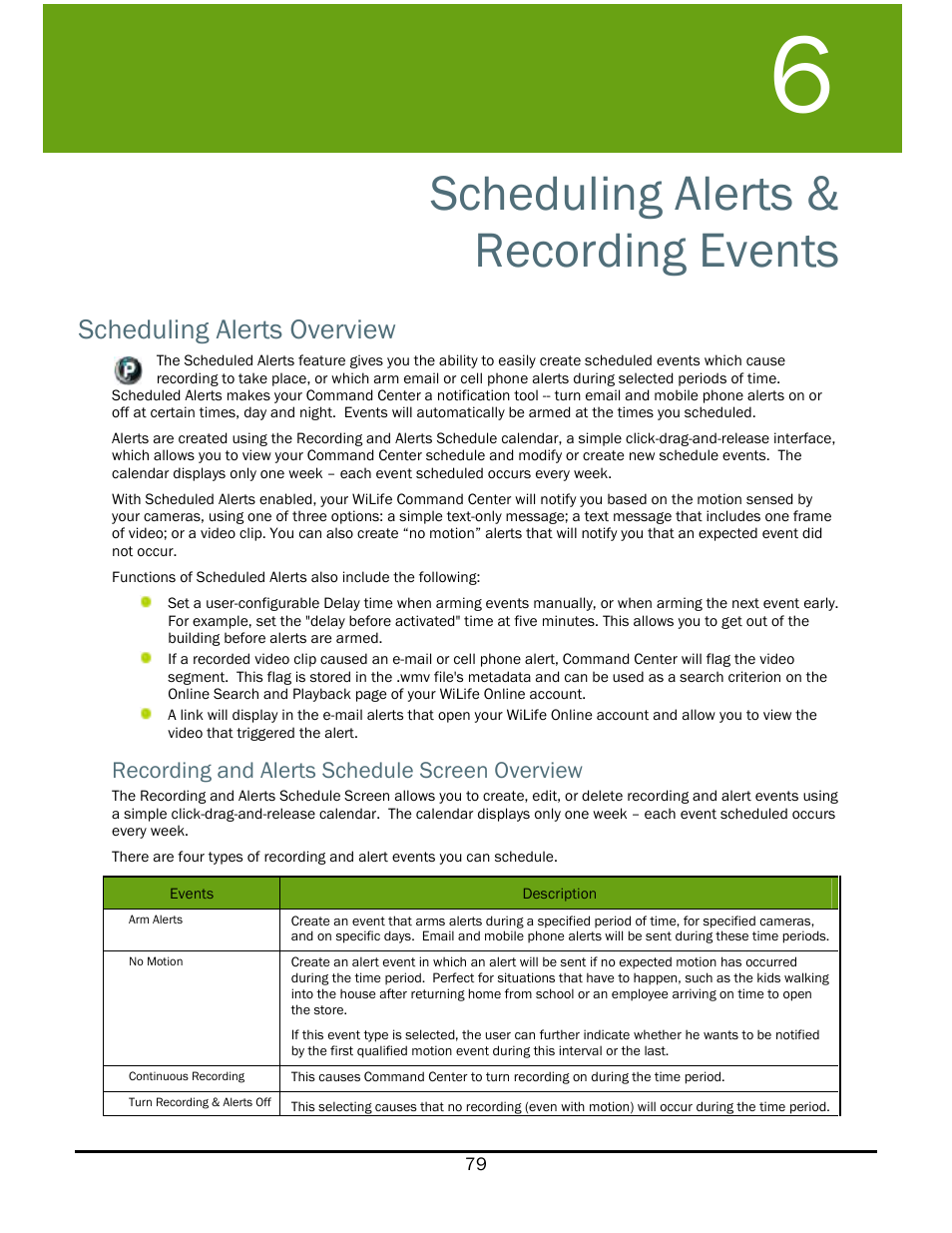 Scheduling alerts & recording events, Scheduling alerts overview, Recording and alerts schedule screen overview | Cheduling, Lerts, Ecording, Vents | WiLife V2.1 User Manual | Page 92 / 165